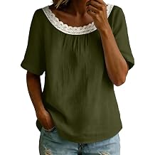 Linen Tops for Women Lace Trim Cotton Blend Blouses Short Sleeve Loose Fit Summer Shirts for Beach Resort