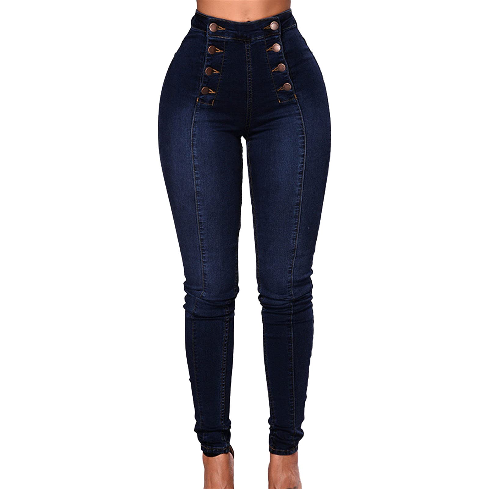 Maiyifu-GJ Women's Double Breasted High Waist Jeans Stretch Butt Lifting Button Down Denim Pants Retro Skinny Jean Trousers (Dark Blue,Small)