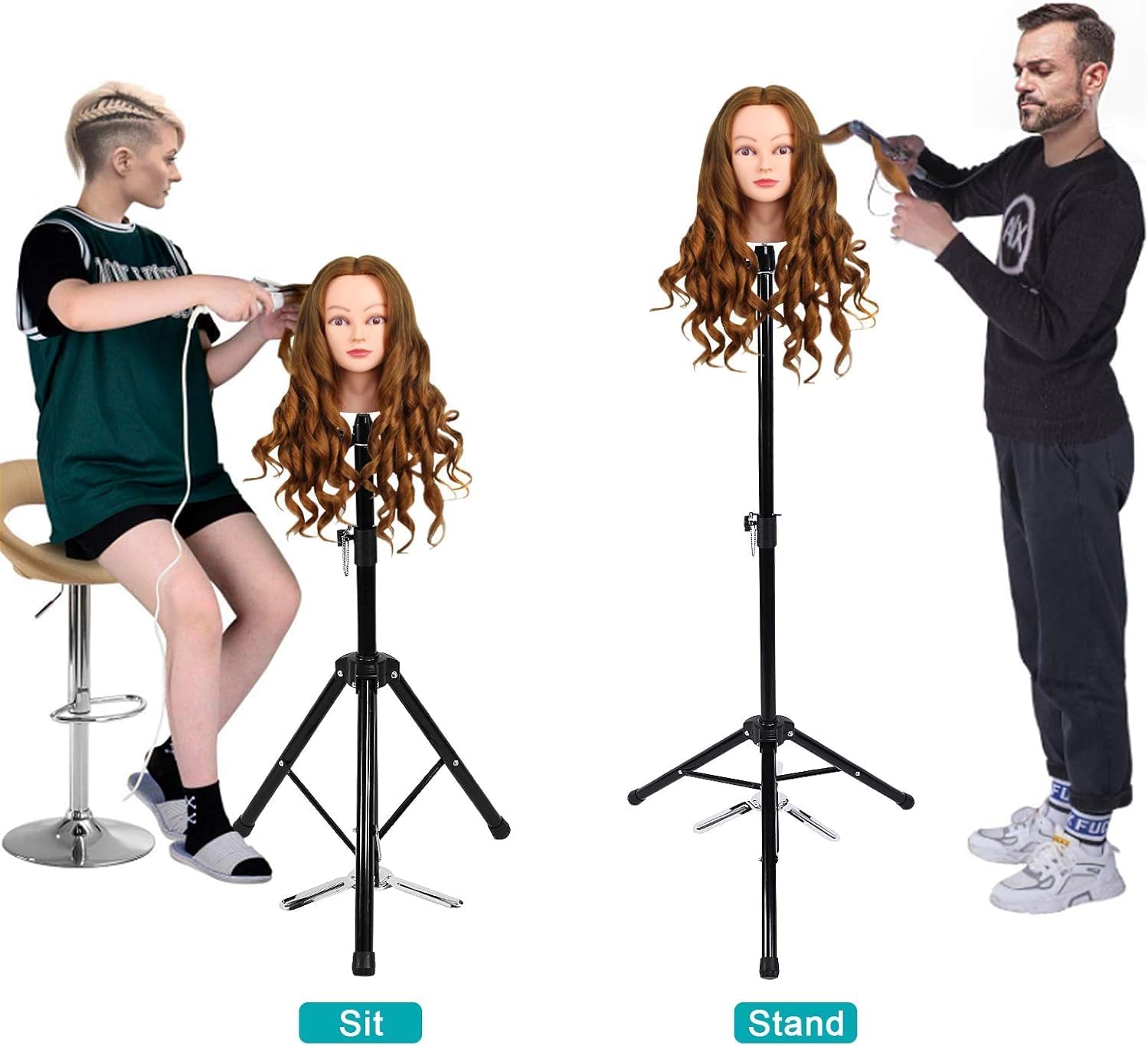 Wig Head Tripod Stand, Adjustable Mannequin Head Stand 360° Rotating Hairdressing Training Holder with Clamp for Cosmetology Hairdressing Training