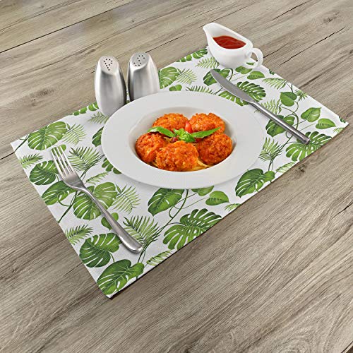 Ambesonne Leaf Place Mats Set Of 4, Brazilian Rainforest Foliage Nature Ivy Swirls Palm Banana Trees Leaves Art Print, Washable Fabric Placemats For Dining Table, Standard Size, Green #TOP1