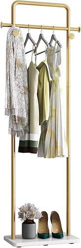 Miniatura 8 de TIEOU Perchero dorado con estante, perchero dorado para boutiques, perchero de ropa independiente para colgar ropa, perchero dorado, pequeño estante