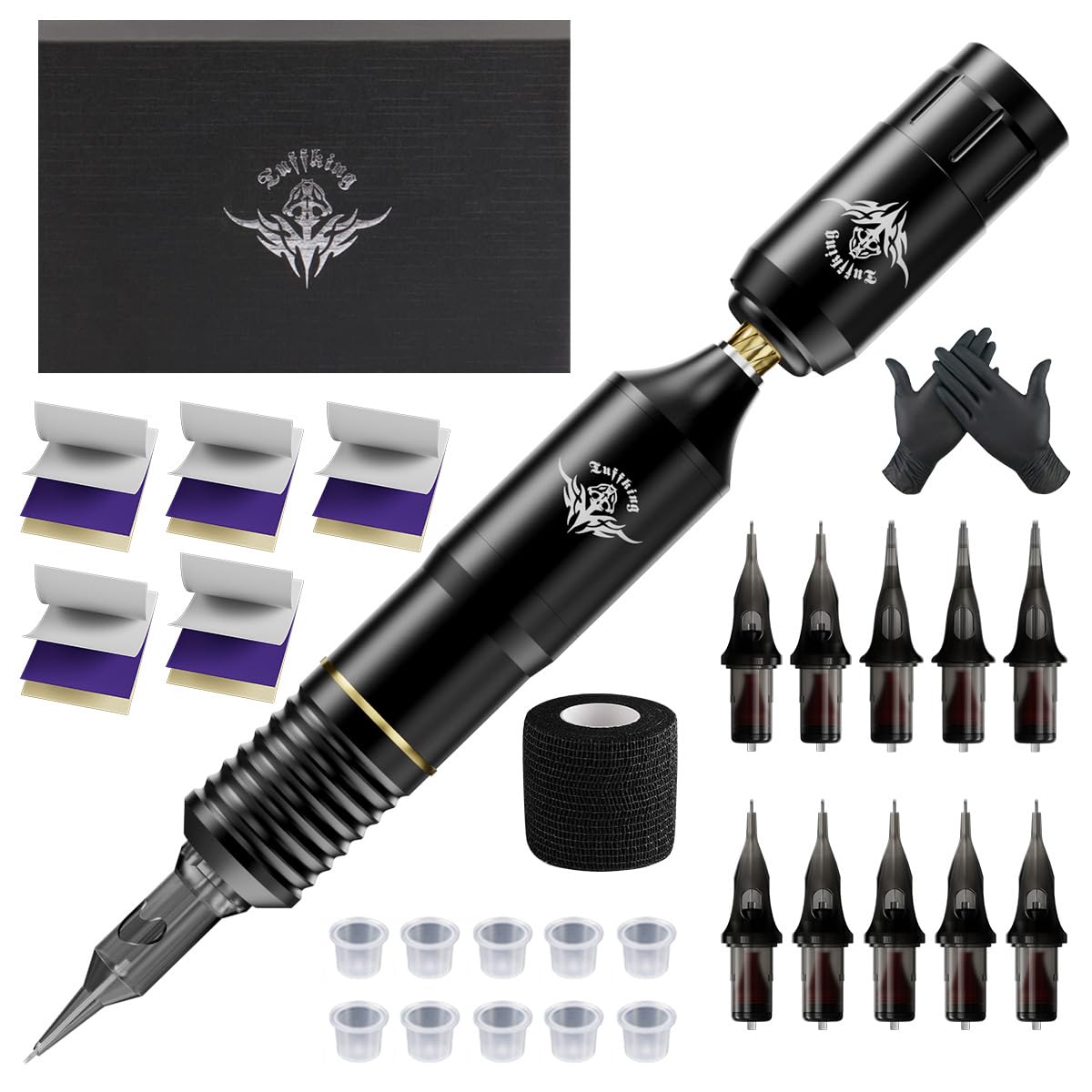 Wireless Tattoo Pen Kit with Detachable RCA Power Supply,Rotary Tattoo Starter Kit,Aluminum Pen, 6-11V Adjustable Voltage,Type C Charging for Lining Shading Beginners,Black gold,B