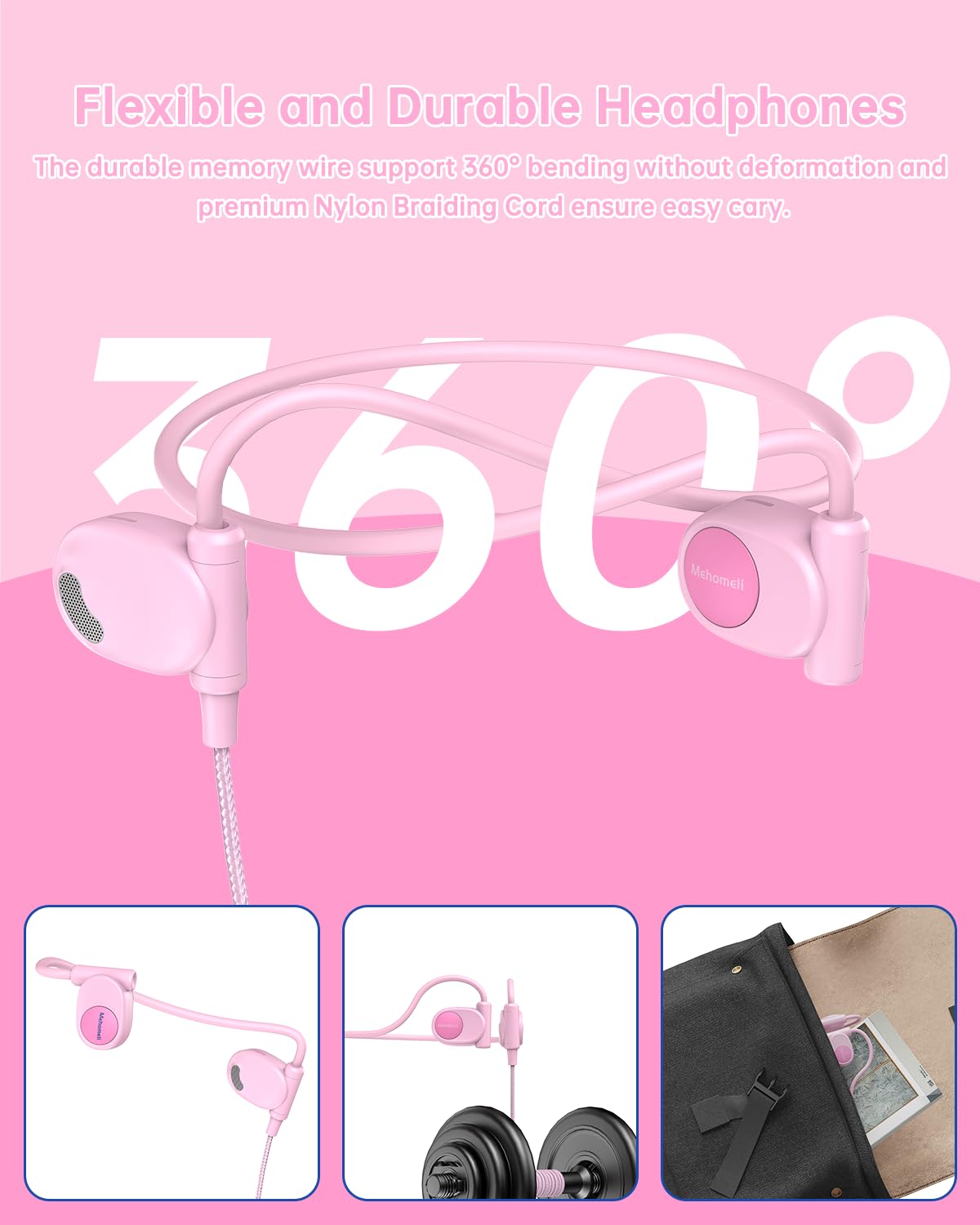 Mehomeli Auriculares para niños, conducción de Aire con Cable, Auriculares Abiertos, limitación de Volumen de 85 dB, Color Rosa