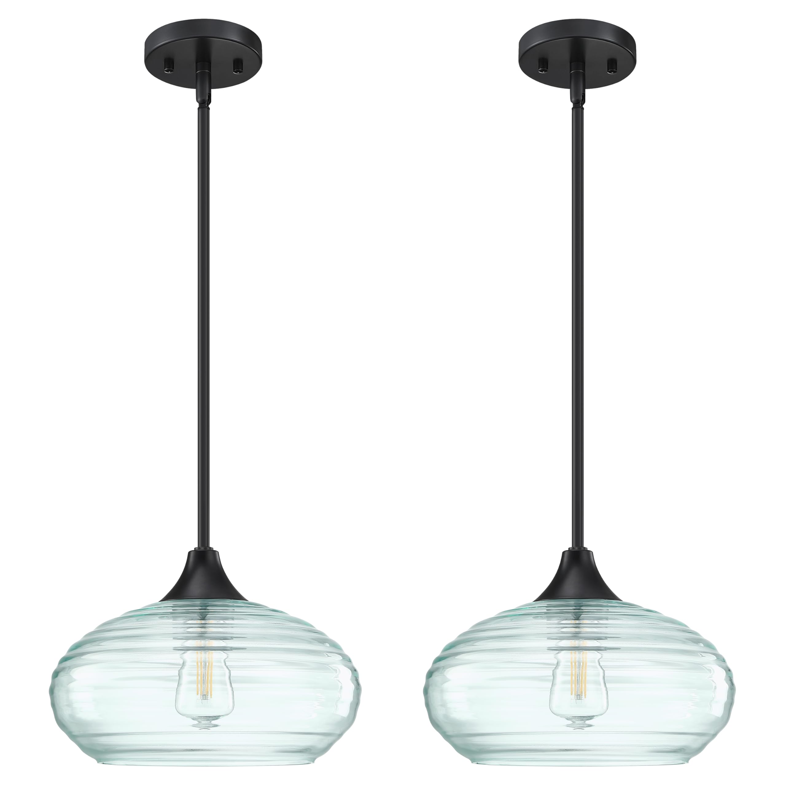 2 Pack 1 Light 10" Kitchen Island Hanging Pendant Light Farmhouse Dining Ancient Green Glass Shade Light Fixture,with Black Finish for Bathroom,Over Sink