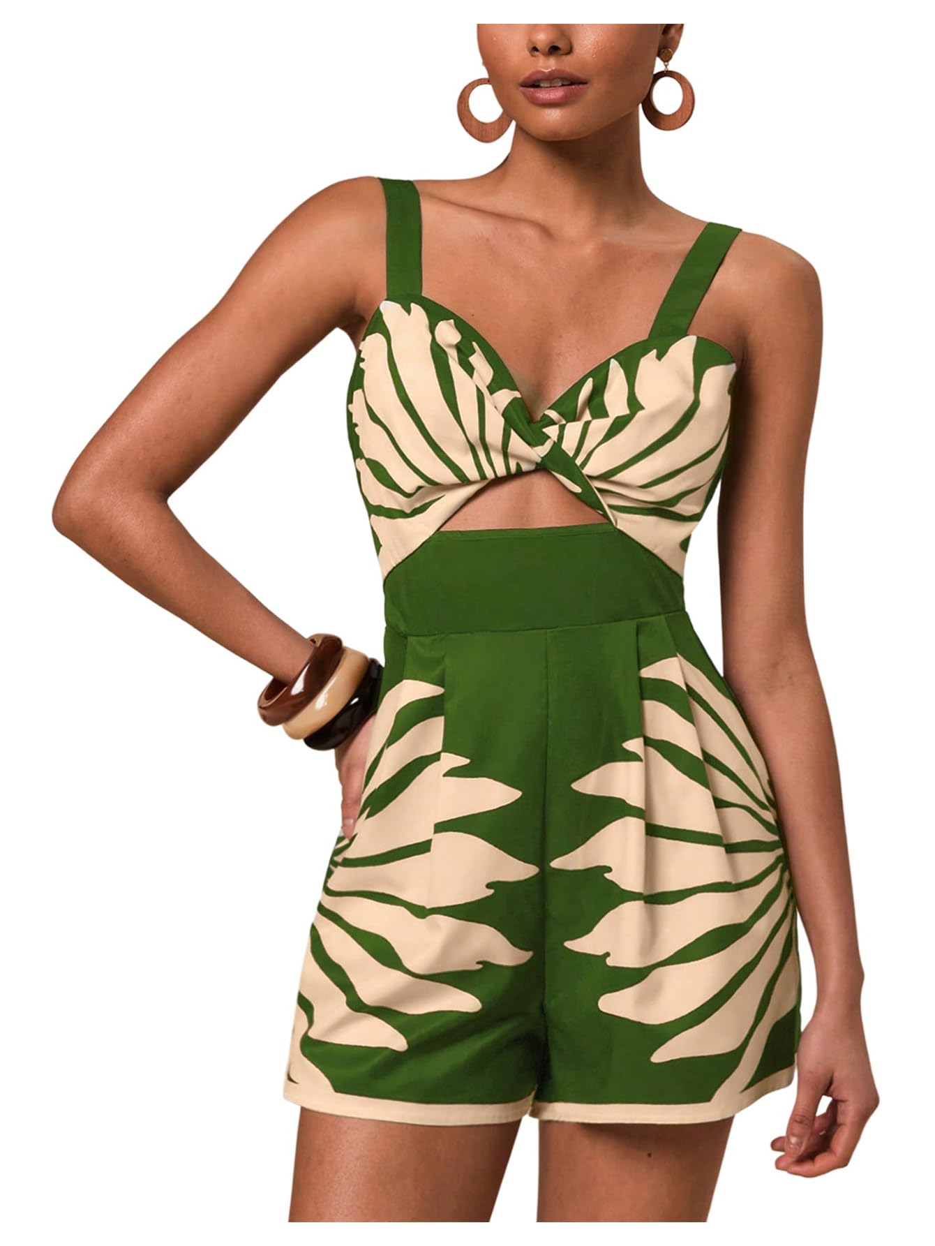 Women's Cut Out Twist V Neck Romper Sleeveless High Waisted Boho Shorts Jumpsuit-image-15