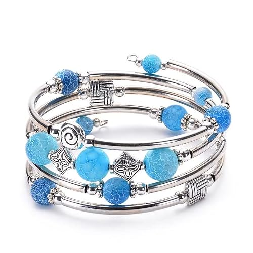 Bead Bracelet With Natural Agate Stone For Women Men Layered Wrap Bangle Turquoise Bracelet Bohemian Multilayer Natural Agate Stone Bead Bracelet Volcanic Stone Stretch Bracelet Cuff With Thick Silver Jewelry - Blue #TOP11