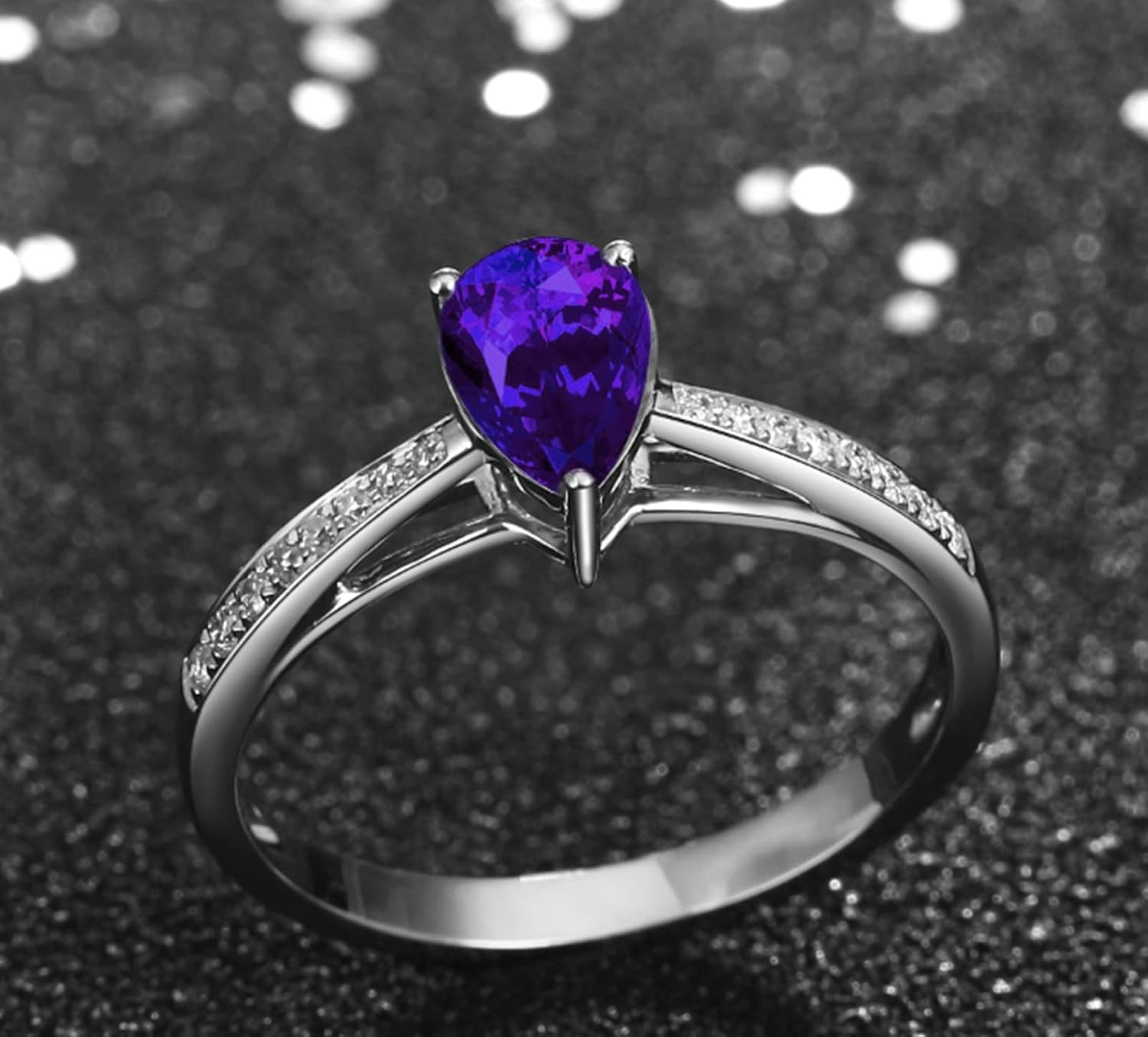 Wedding Rings, Teardrop Cubic Zirconia Ring for Girls 925 Stealing Silver Purple Rings Party Travel Jewelr Size 7