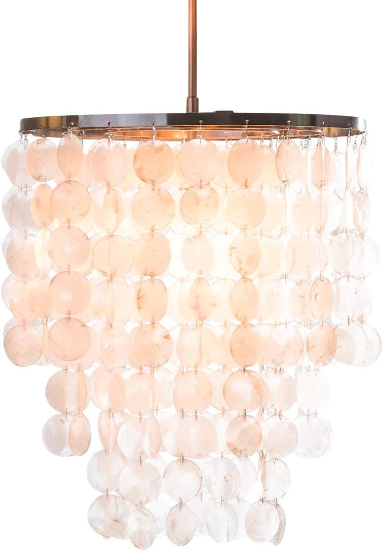 Capiz Chandelier Centerpiece Suitable for High and Low Ceiling Rooms. Brushed Nickel Pendant Light Fixture Provides Warm Multidirectional Lighting. Round Hanging Lamp Creates Contemporary Atmosphere.