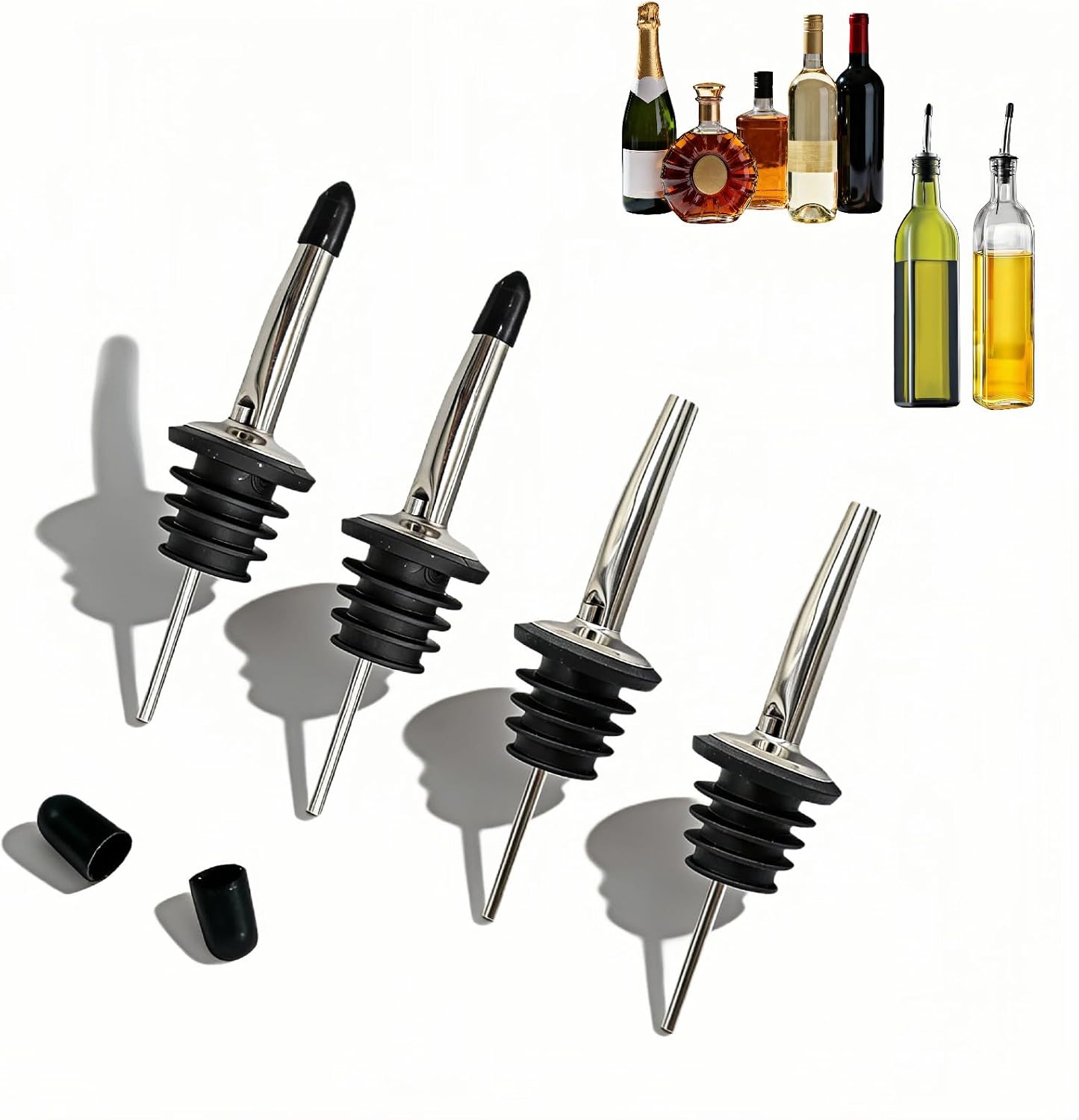 4-Pack Stainless Steel Wine & Oil Bottle Pourer Set - Precision Flow Control Spout with Anti-Drip Seal & Dust Cap for Liquor, Vinegar, Olive Oil - Bar Kitchen Tool by Yayaboqu