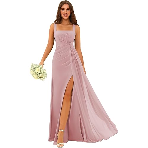 Stylefun Square Neck Bridesmaid Dresses Long with Slit Pleated A Line Chiffon Formal Evening Dress CYM184