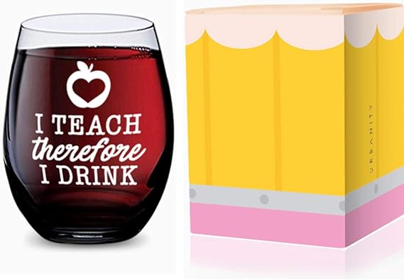 GSM Brands Stemless Wine Glass for Teachers (I Teach Therefore I Drink) Made of Unbreakable Tritan Plastic and Dishwasher Safe - 16 ounces