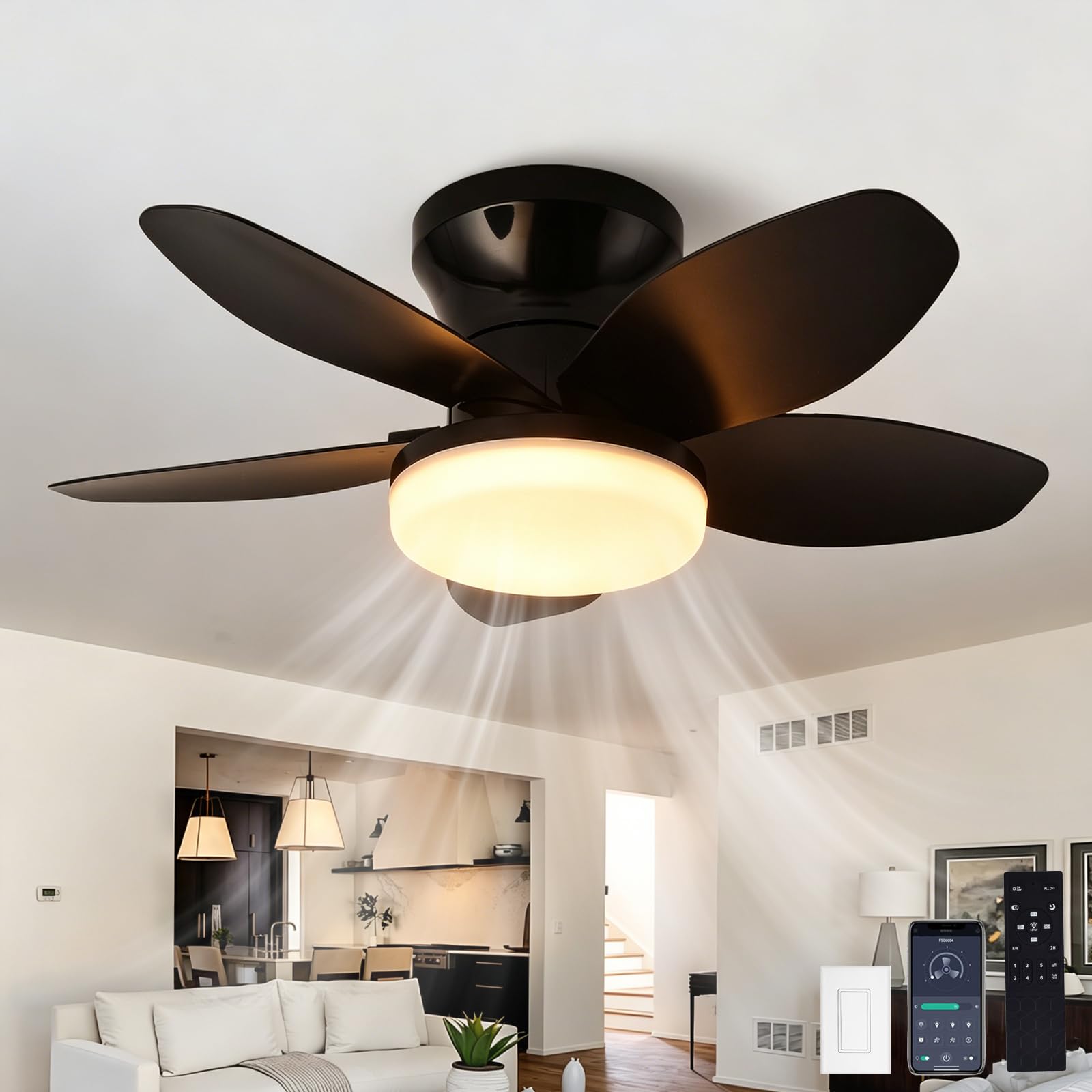 SXDMOUBK 25 Inch Dimmable LED Ceiling Fan,Reversible,Timer,6 Speeds & Timer Ultra-Quiet,Ceiling Fans with Lights and Remote,Dimmable Smart Ceiling Fan for Bedroom Kitchen Dining Room