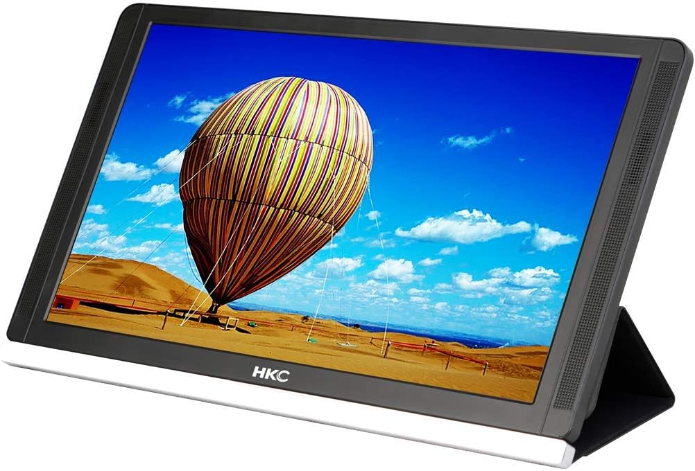 Front view of the HKC MR13HFP portable monitor with its stand, displaying a vibrant image.