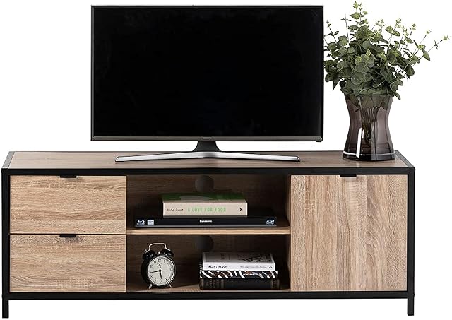 TV Stand Unit - Light Oak Finish With Matt Black Metal Frame 450mm H x 1240mm W x 390mm D
