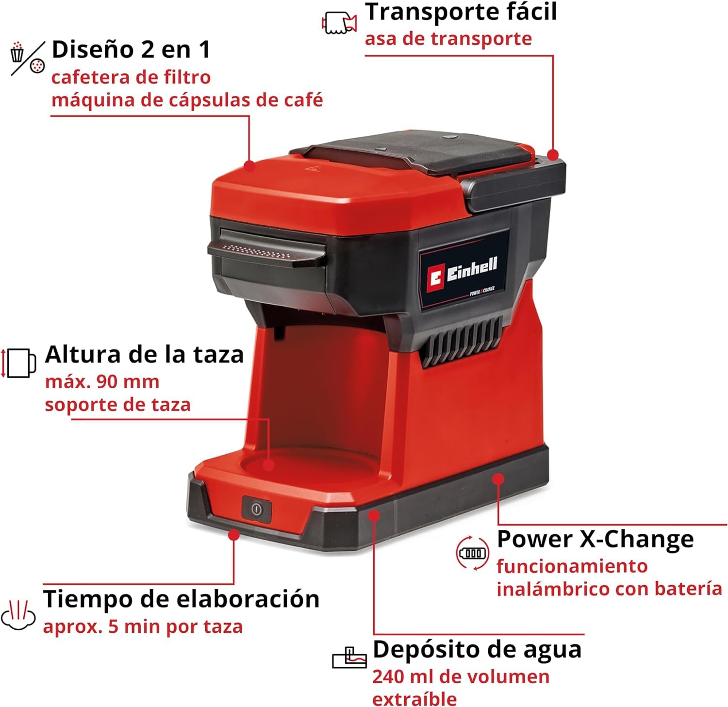 Einhell Cafetera con batería TE-CF 18 Li-Solo | PXC | 18 V | depósito 240 ml | para café filtrado/cápsulas | Asa de transporte | Taza de café con tapa | Sin batería