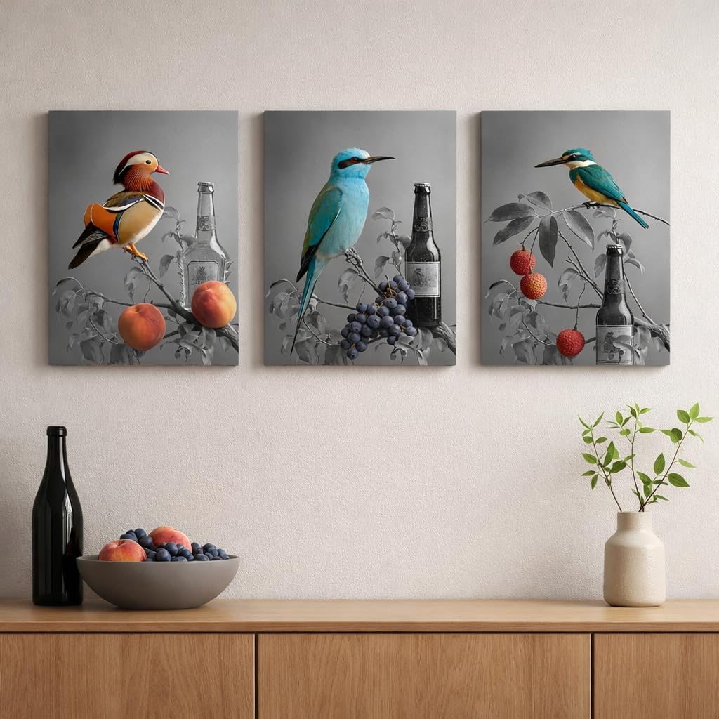 Modern Bird Canvas Wall Art Set of 3, 12×16 Inch Vertical Colorful Birds with Fruit Still Life Prints, Gray Background Artistic Wall Decor for Dining Room Kitchen Hallway (Grey)