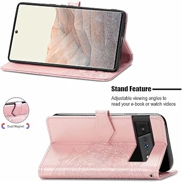 CWZ 電話ケース Compatible with Google Pixel 6 Pro フラワーエンボスマグネティックウォレットケースPUレザーケース、カードホルダー付きストラップケース for Google Pixel 6 Pro Rose Gold