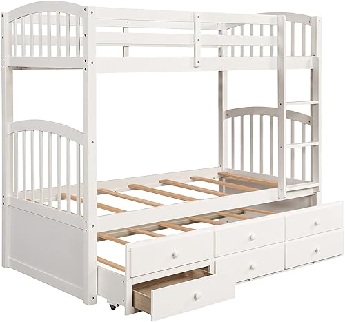 Miniatura 6 de P PURLOVE Litera individual sobre individual con nido marco de litera de madera con escalera rieles de seguridad 3 cajones de almacenamiento para