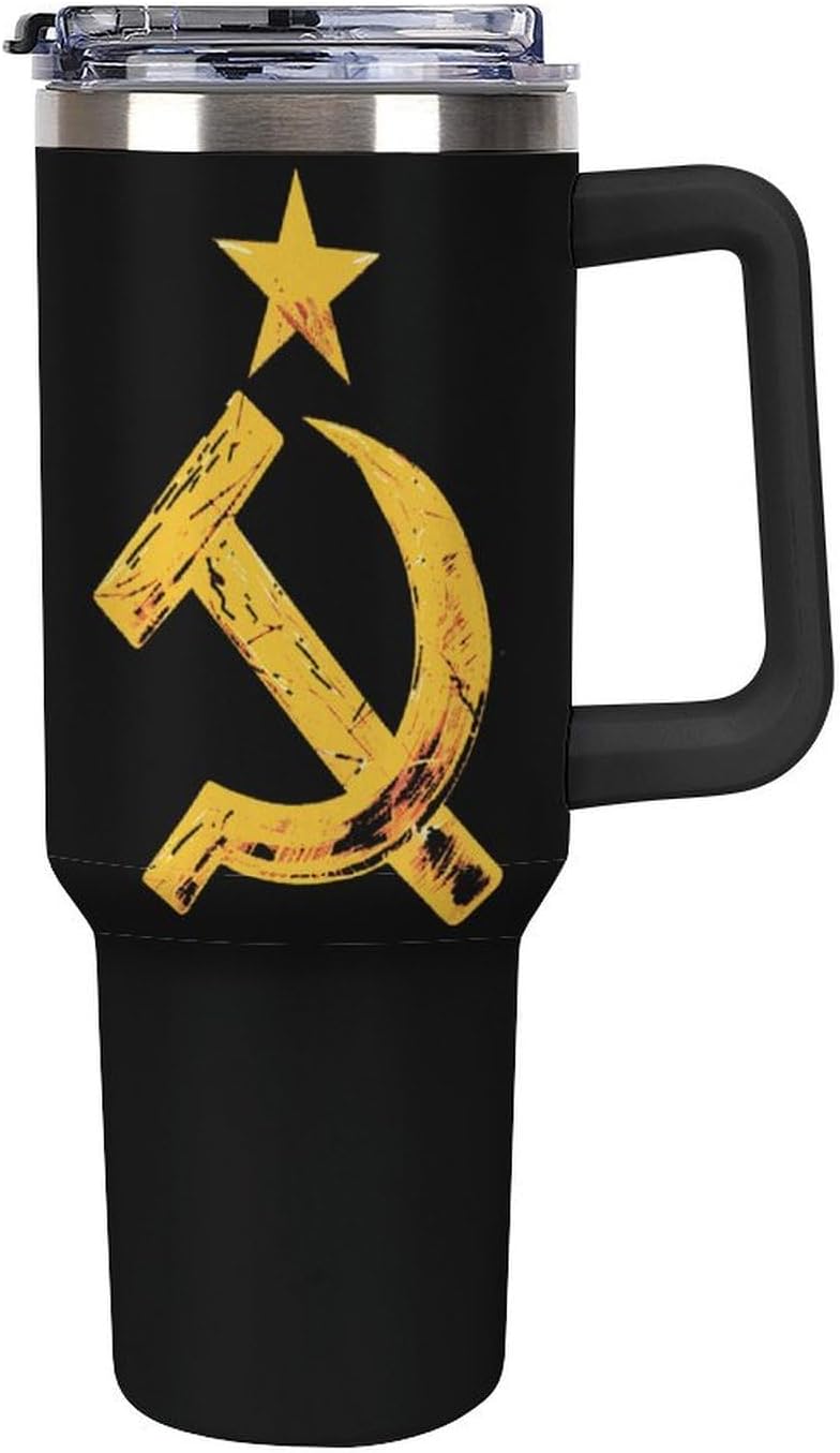 Tazza da viaggio con bandiera sovietica russa, bottiglia d’acqua con falce e martello da 1,18 litri, tazza da caffè, tazza da tè, tazza da auto per donna e uomo, nera
