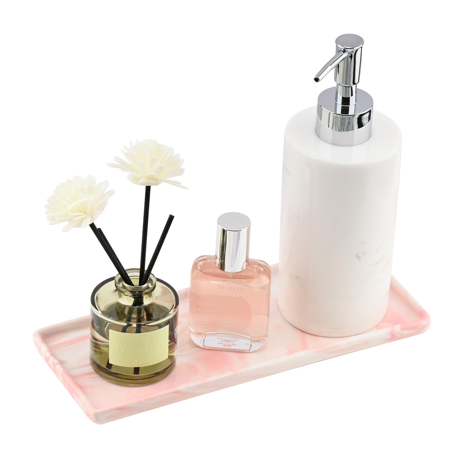 YoHyien Ceramic Vanity Tray, Bathroom Tray Organiser, Decorative Trinket Dish for Dresser, Rectangle Jewellery Plate for Cosmetics, Perfume, Soap Dispenser, Candle (Pink)