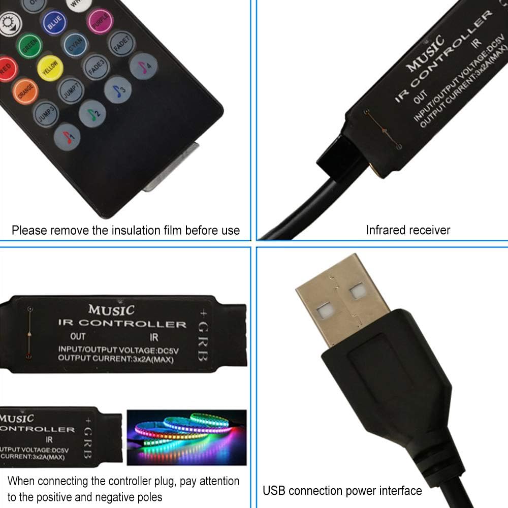 Close-up of the RTNLIT controller showing the infrared receiver, USB connection, and a note about removing insulation film