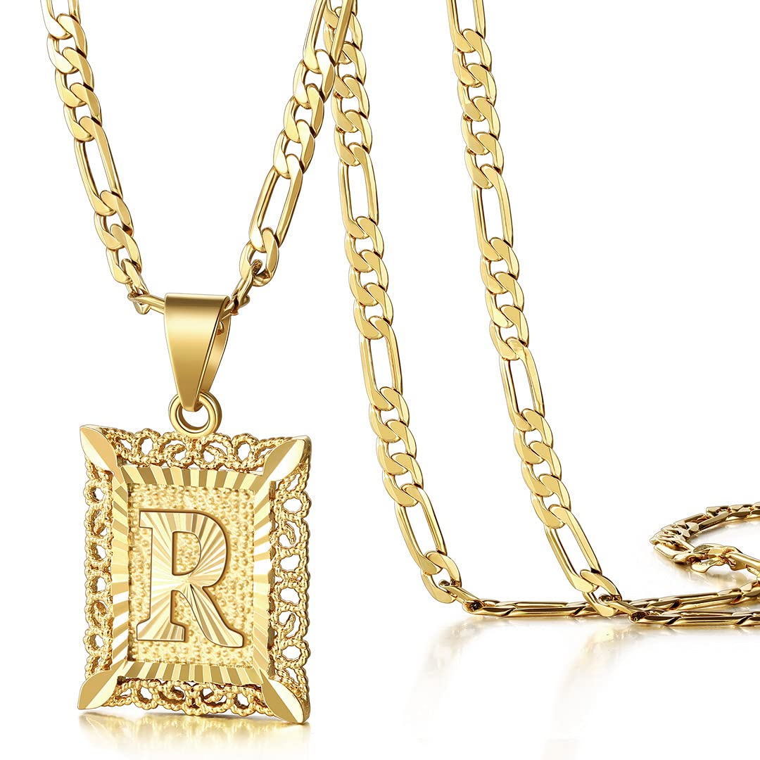 KissYanInitial Letter Pendant Necklace for Men Womens, 18K Gold Plated Square Capital Monogram Necklace Alhpabets from A-Z Figaro Chain Necklace