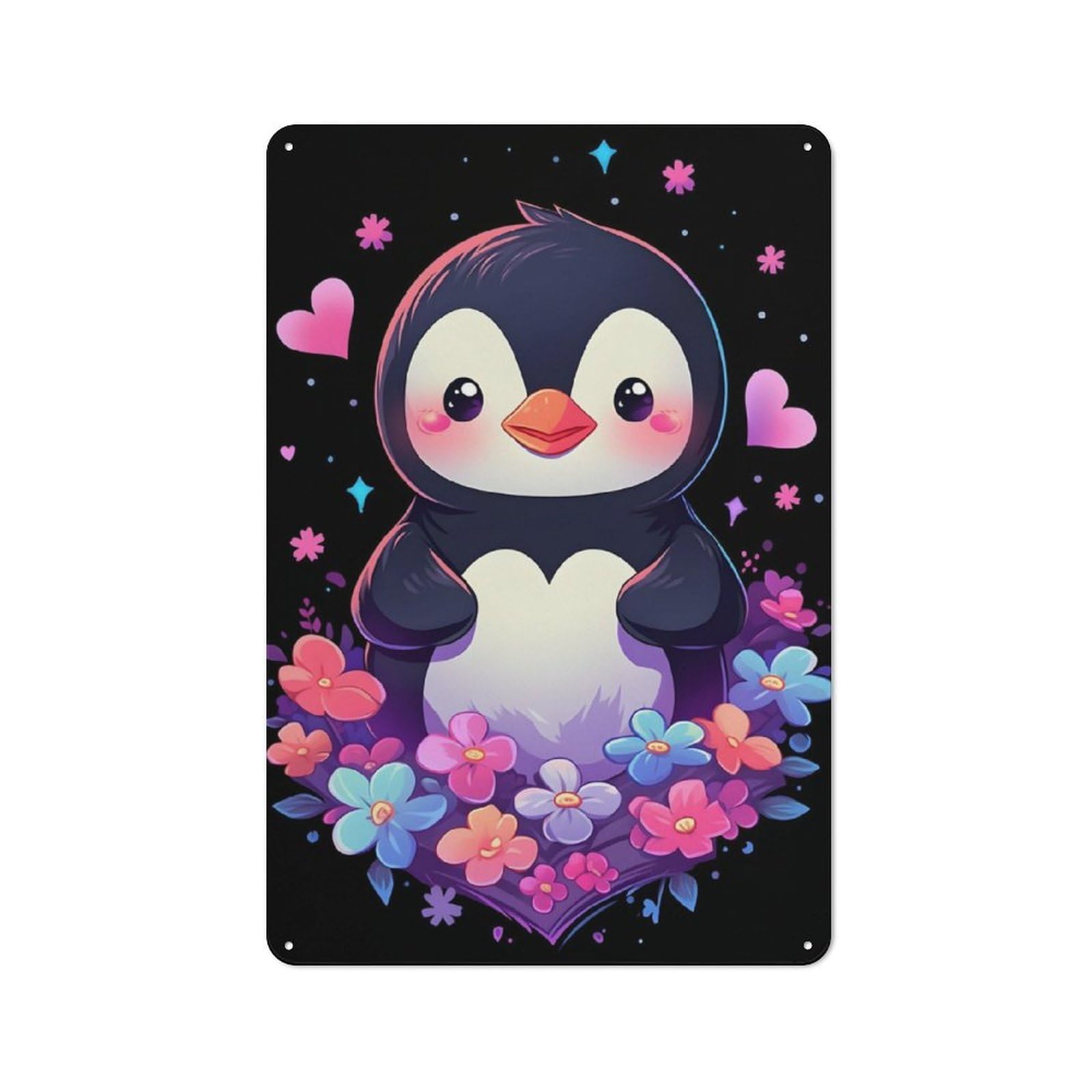 Junmoney Penguin Floral And Hearts Printed Metal Sign 30X20cm For Man Cave Or Games Room, Suited To Games Room Collectors