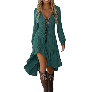 Womens Western Cowgirl Mini Dress Sexy Long Sleeve Deep V Neck Vintage Dresses Ruffled Halloween Fashion Outfits