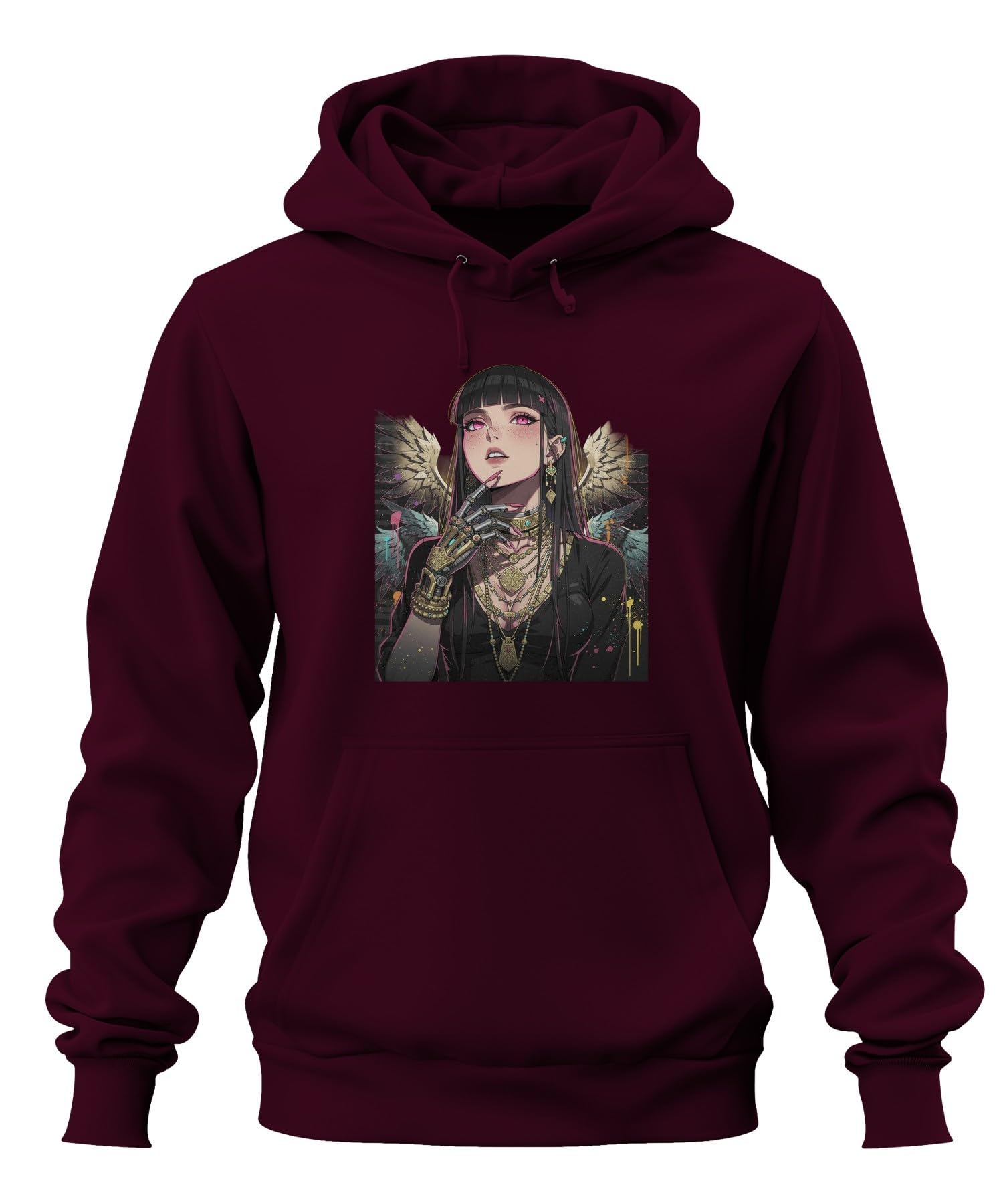 Cyberpunk anioł dziewczęcy robot, bluza z kapturem | Science Fiction Bionika Futurystyczna Waifu Otaku Streetwear Ponury Gothic Cyber-Goth Akcesoria Estetycznie Skrzydła