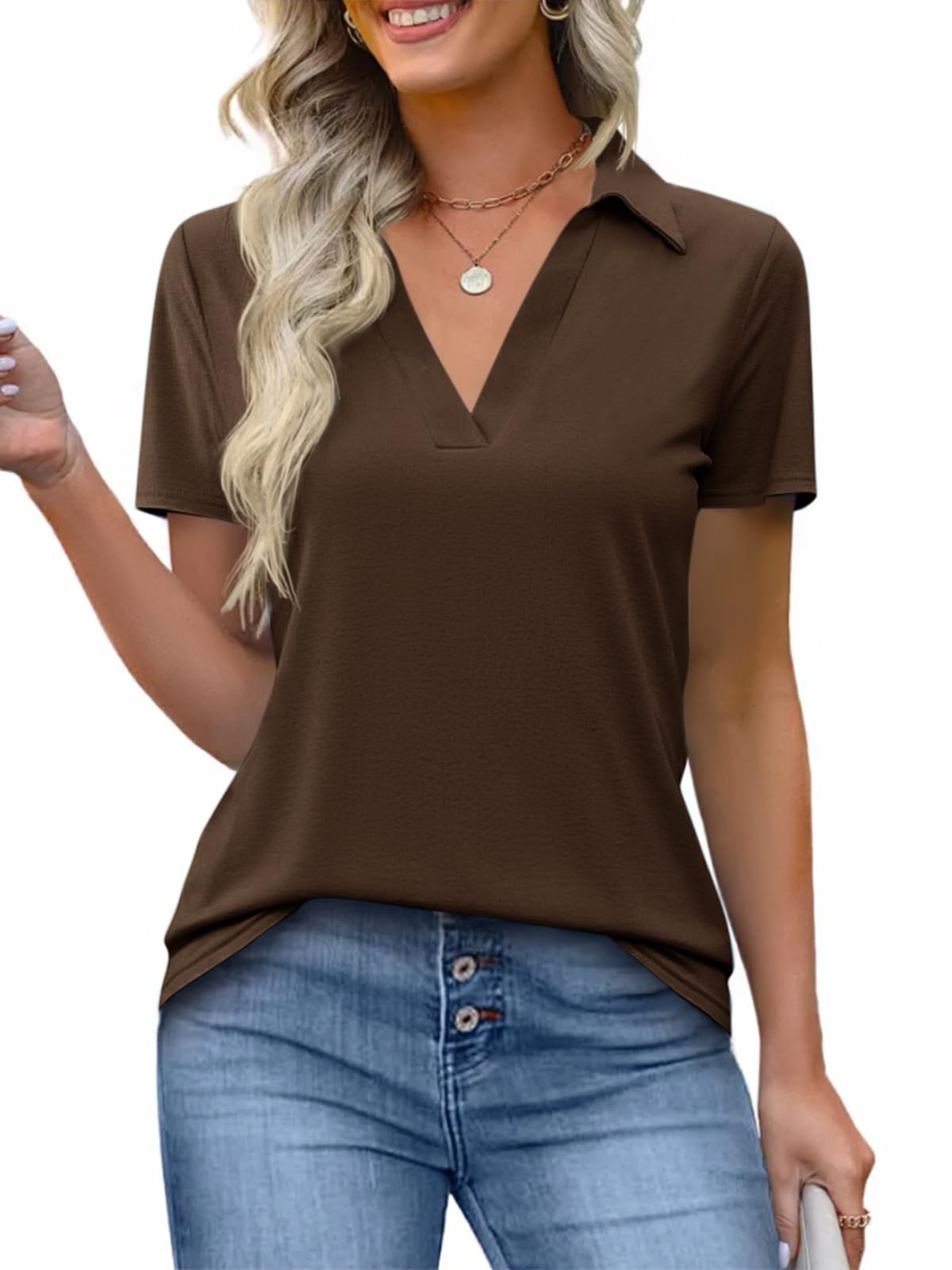 Imily Bela Womens Short Sleeve Polo Shirts V Neck Business Dressy Casual Tops Summer Collared Trendy Tees