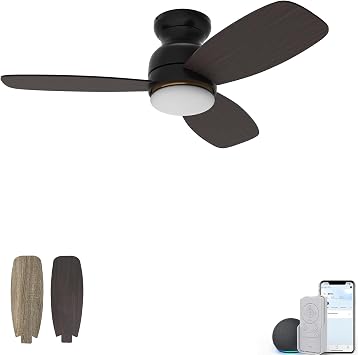 CEME Ceiling Fan with Lights, Indoor & Outdoor Ceiling Fan,48" Low Profile DC Smart Compatible with Alexa, Siri, Google Home & Smart APP, 2 Colors of Reversible Blades, Black & Walnut