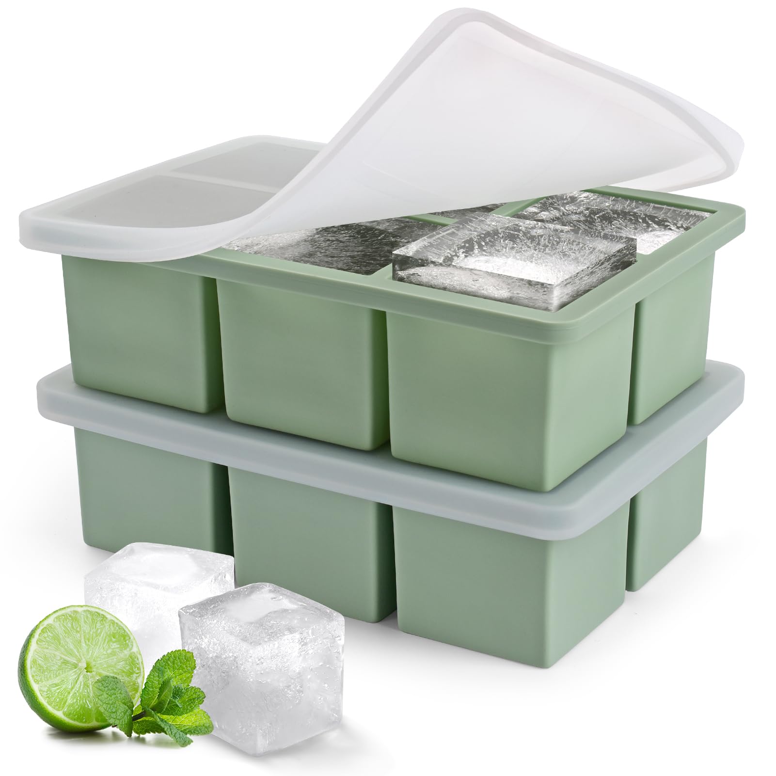 Ice Cube Tray with Lid, 2 Pack Silicone Large Ice Cube Moulds for Whiskey Easy Release Ice Trays BPA Free