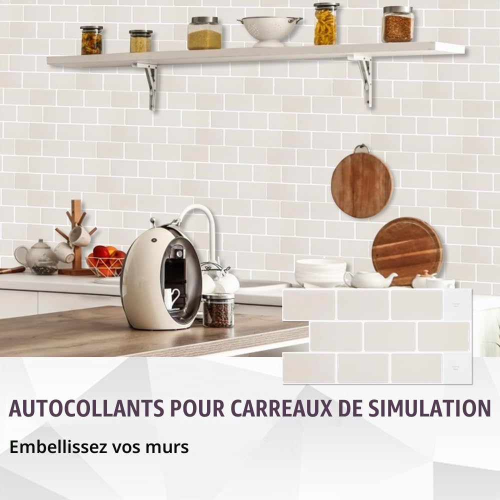 20 Pièces Carrelage Adhesif Mural Cuisine, Carreaux Adhesif Cuisine 30,5x 15,3cm Sticker Carrelage Beige pour Cuisine, Salle de Bain, le Mur, Auto-Adhésif