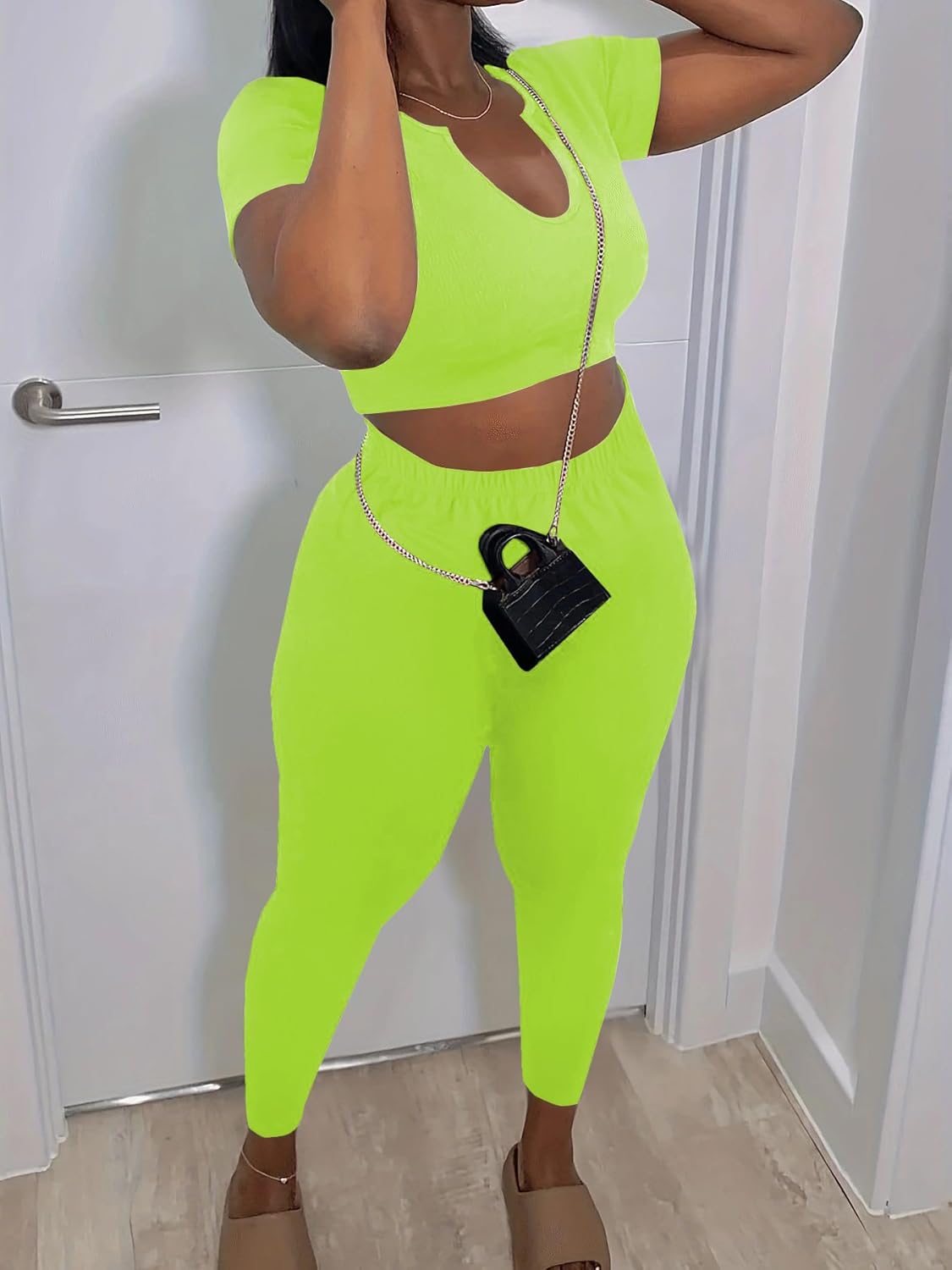 Nimsruc 2 Piece Sets For Women Sexy Casual Workout Crop Short Sleeve Long pants Leggings Sets Summer Active Wear - Image 3