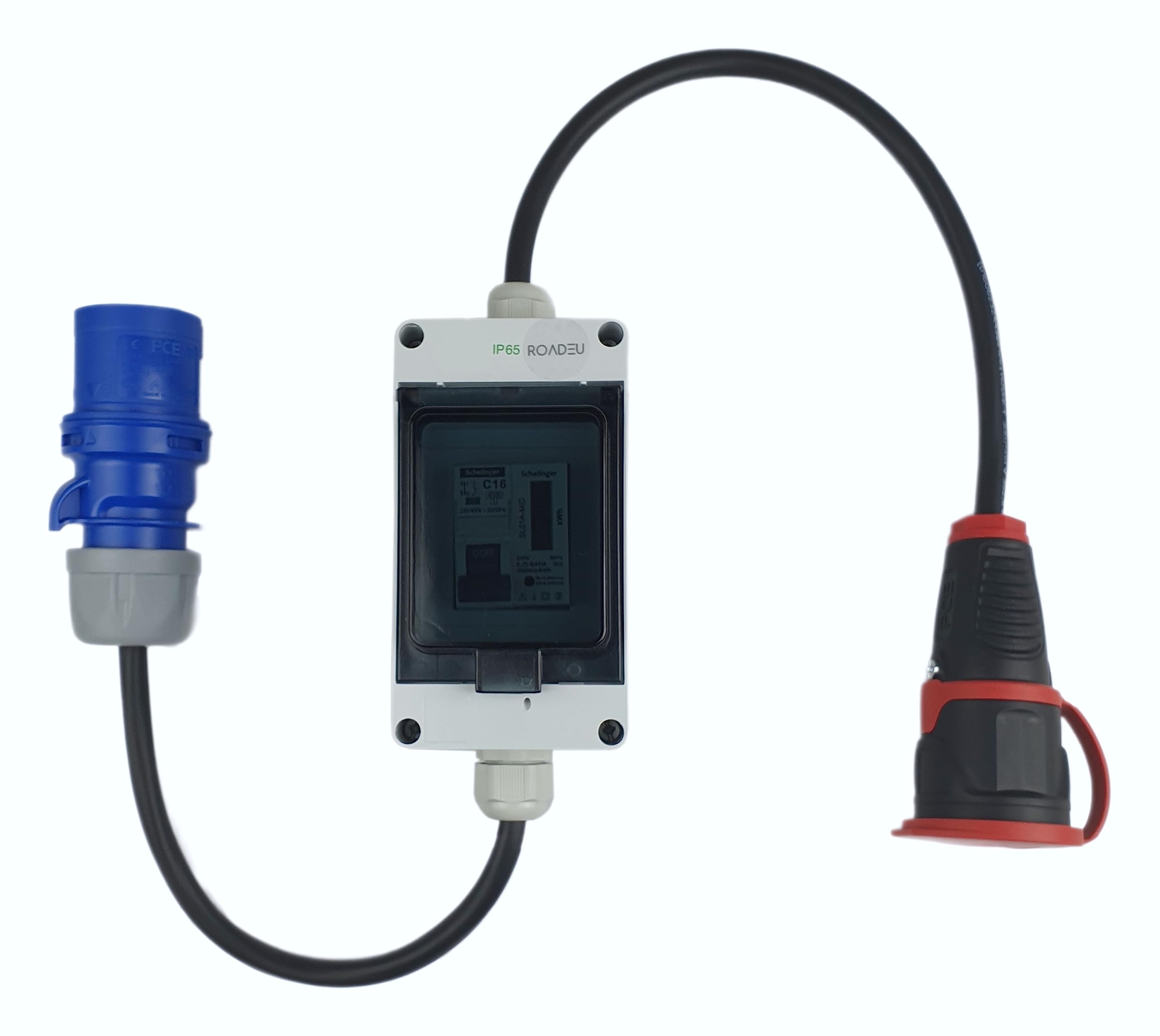 RoadEu - Adattatore Schuko completo con contatore di energia - Spina CEE 3P 16A e presa Schuko 230V con contatore elettrico - Prolunga 1m. IP44, Ideale per officina, garage, giardino o cantiere