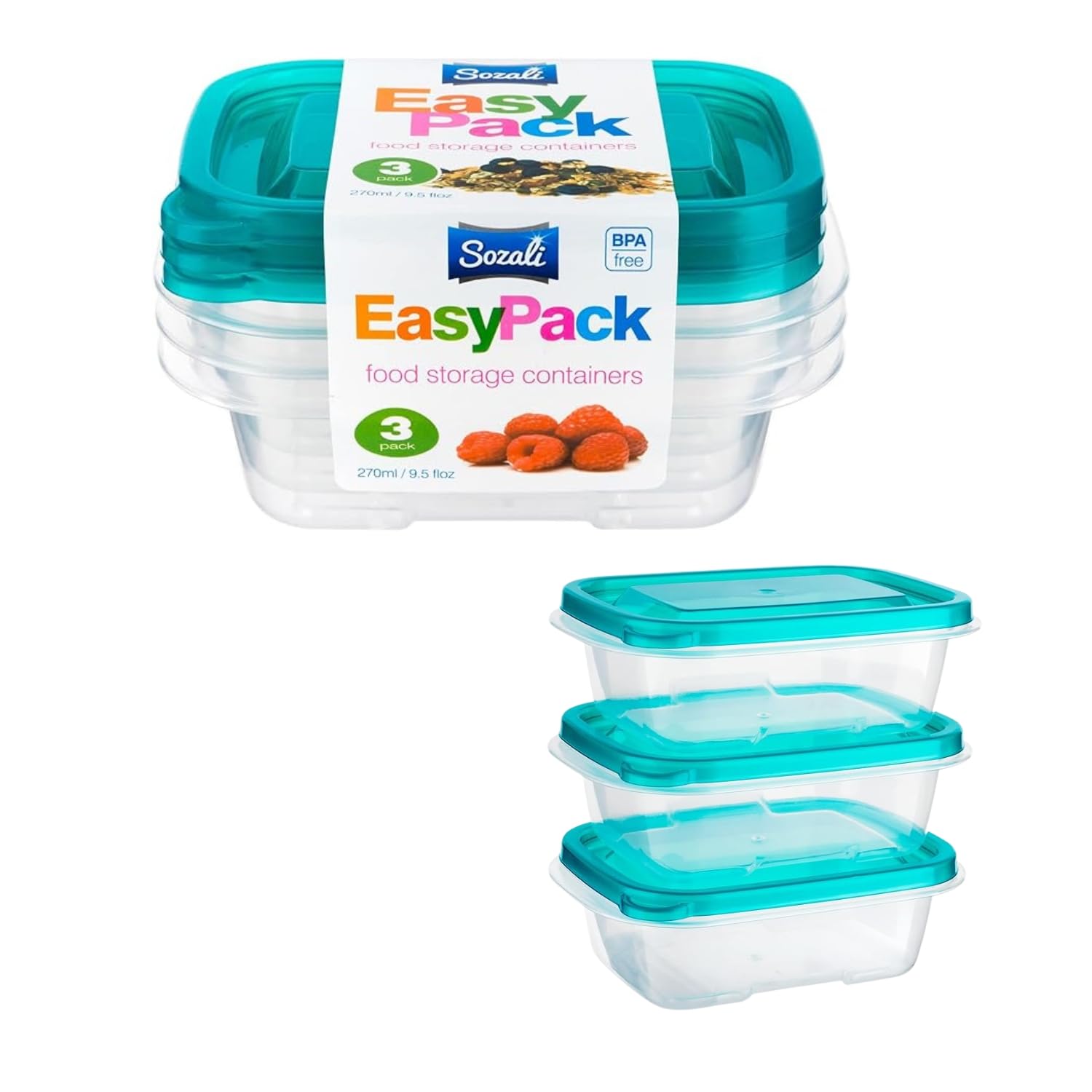 Homeshopa.com Turquoise (Transparent) Homeshopa Food Storage Containers, 3 Pack Rectangular Bpa Free Plastic Containers With Airtight Lids, Reusable, Stackable, Nestable Meal Prep Boxes, Microwavable, Freezer And Dishwasher Safe, 270 Ml