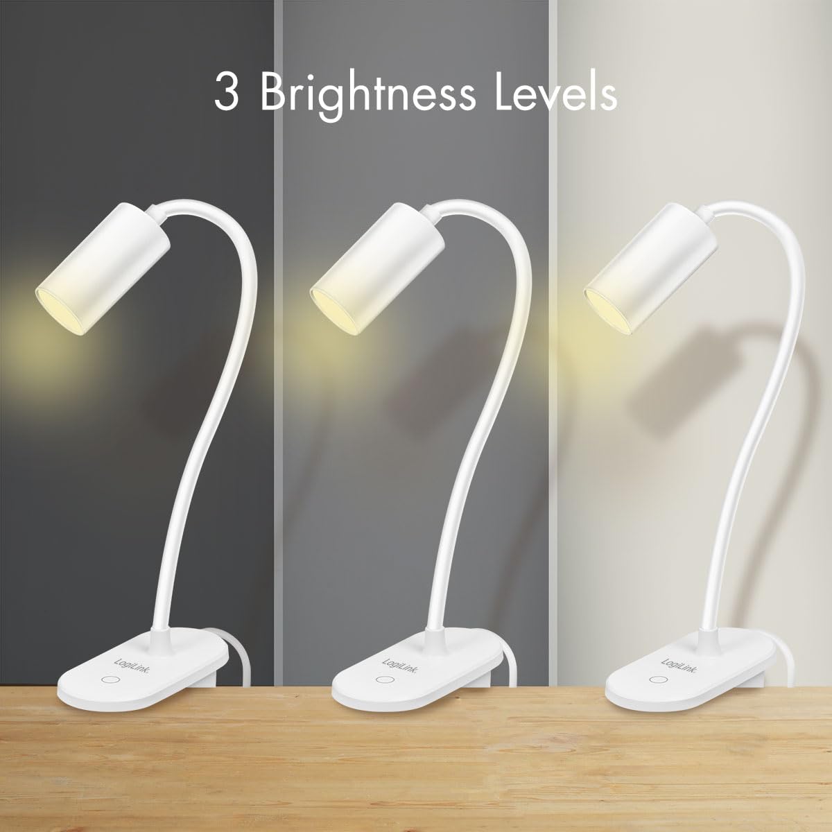 LogiLink LED024 - Lampada a morsetto a LED con 3 livelli di luminosità, 4000 K, 200 lm, collo flessibile a 360°, funzionamento touch