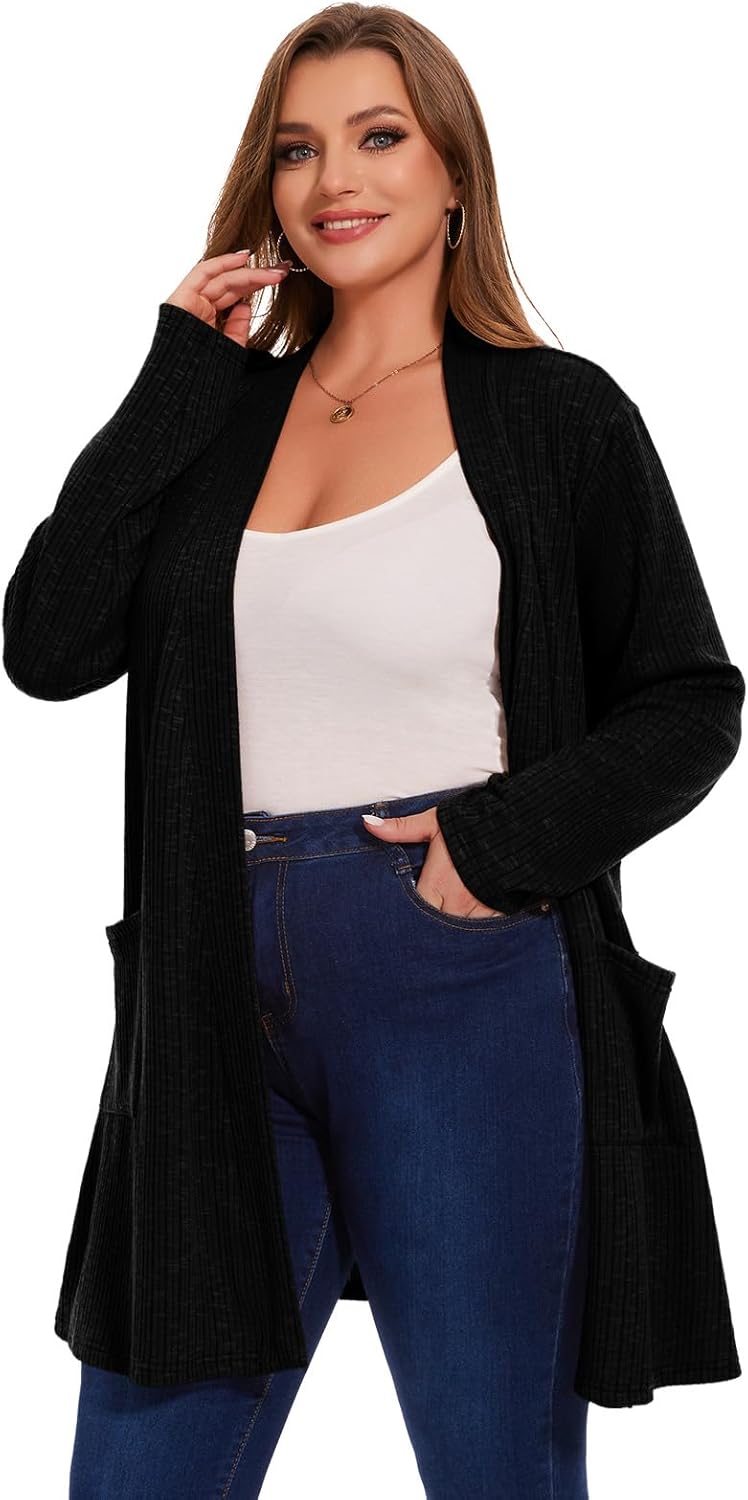 Women's Plus Size Cardigans Sweaters Casual Lightweight Open Front Cardigan Long Sleeve Tops with Pocket - Image 3