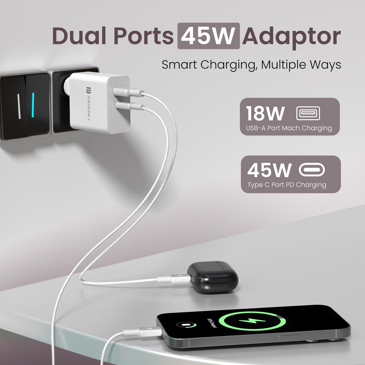 Portronics 45W Fast Charger - Dual USB Charging -2