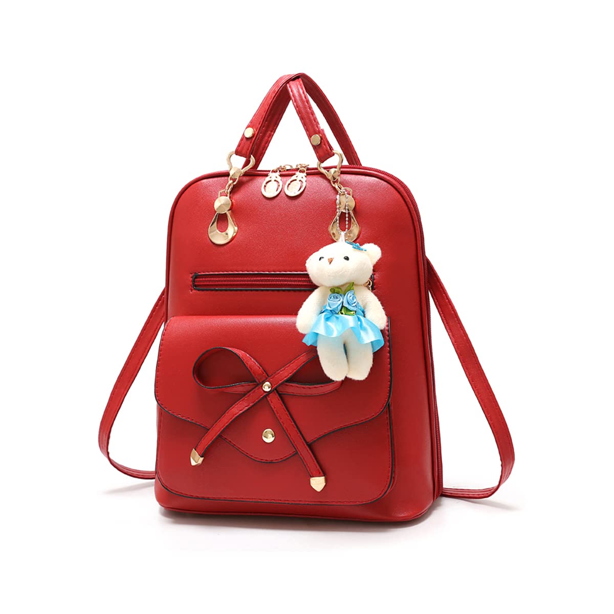 NICOLE&DORIS Girls School Bag College Travel Bag Outdoor Daypack Backpack PU Leather Wine Red Bowknot