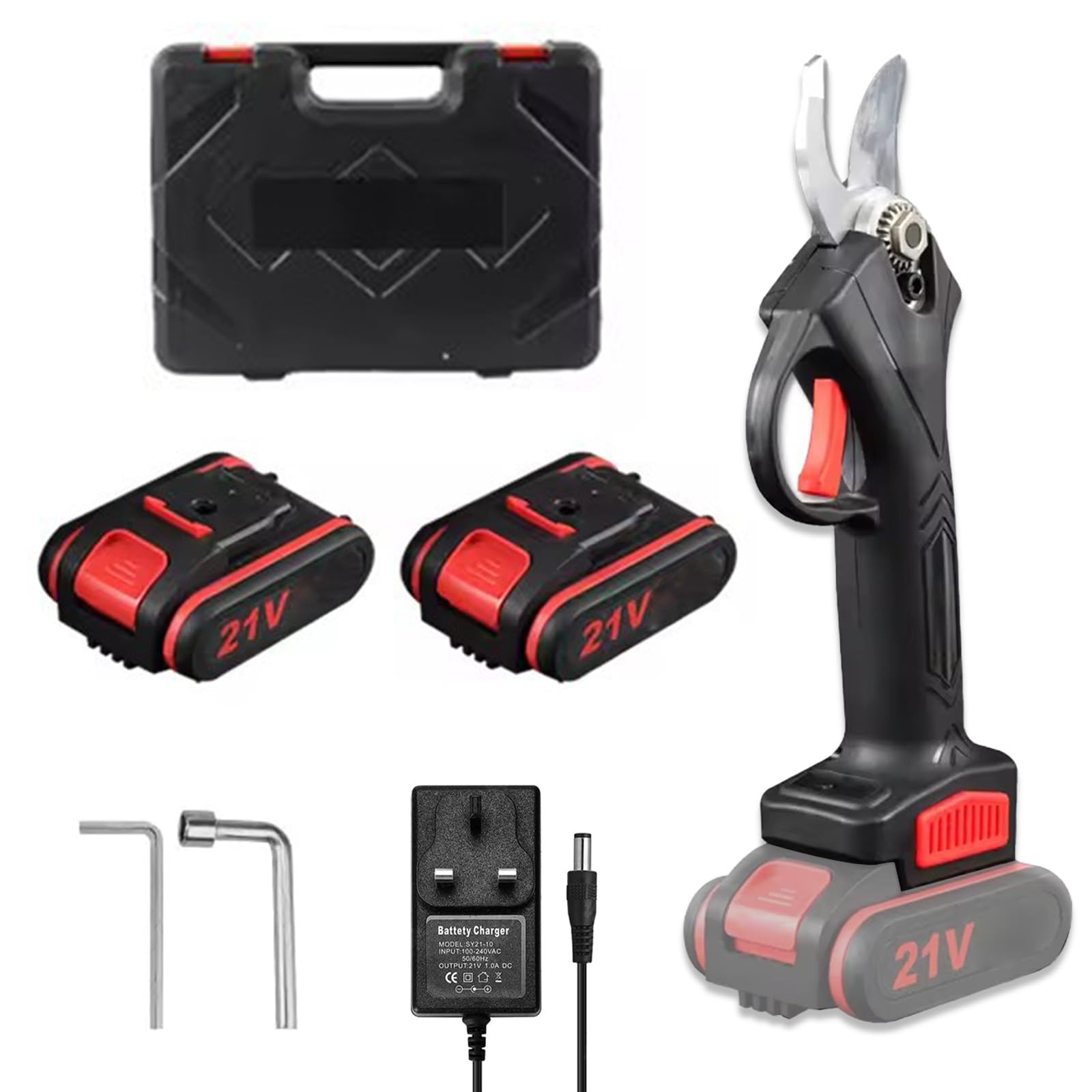 Podadora eléctrica inalámbrica, 25 mm de podadora eléctrica profesional, con 2 recargables 21 V baterías, 1200 W, corte de rama eléctrica, jardinería, árboles frutales y viñedo