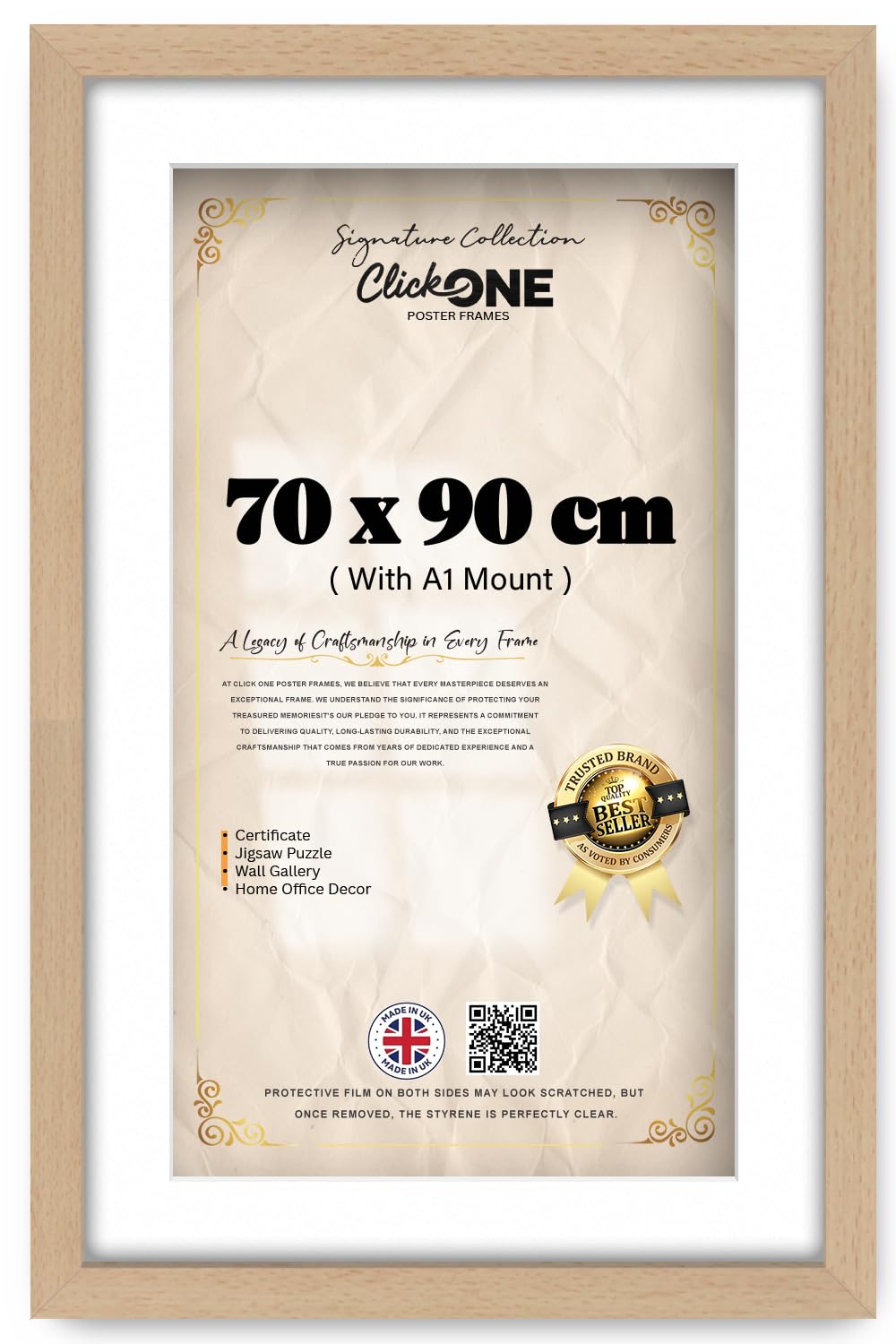 Click One Engineered Wood Finish Poster Picture Frame With A1 White Mount 59.40 X 84.10 Cm Fits 90 X 70 Cm Outer Size 36 X 28 Inch Lightweight Sturdy For Room Interior Art Beech Wall Decor