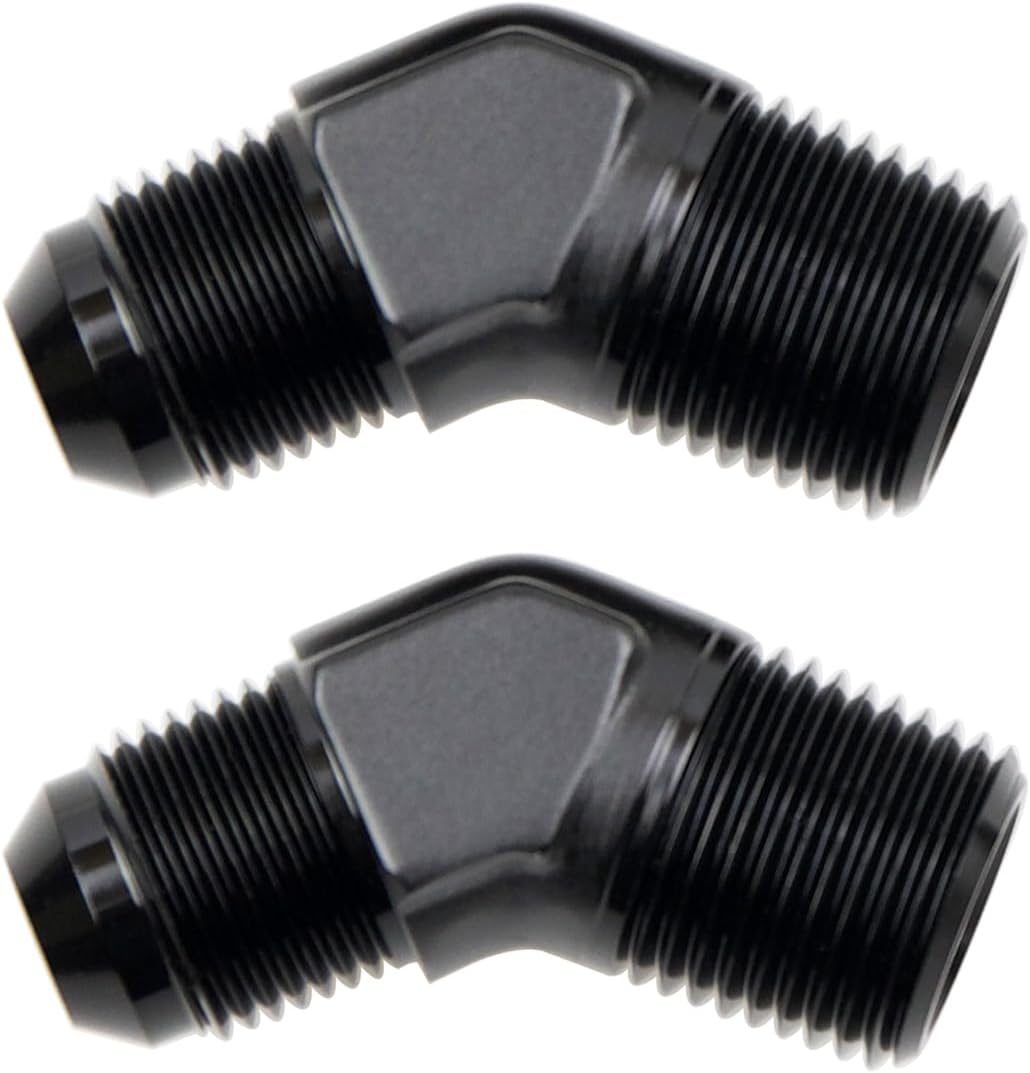 2 PCS Black Aluminum 45 Degree Elbow -8 AN AN8 Male Flare to 1/2" NPT Male Thread Fitting Adaptor Connector