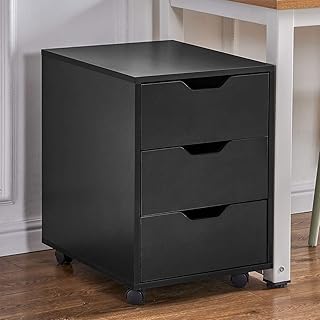 Huiseneu Home Office Mobile Black File Storage Cabinet 3 Drawers, Wooden Under Desk Pedestal Side Corner Beside Drawers Cabinet with Wheels for Unit Document Space Saving