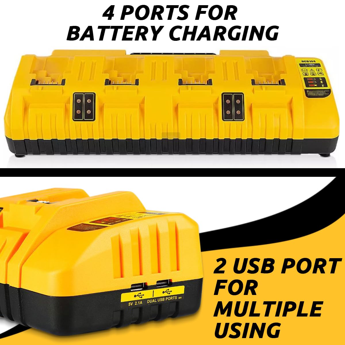 Cargador de Batería de 4 Puerto Compatible con Dewalt, Cargador Rápido de Iones de Litio de 3,0 A, 12 V, 18 V, 20 V máx., con Dos Puertos USB de 2,1 A