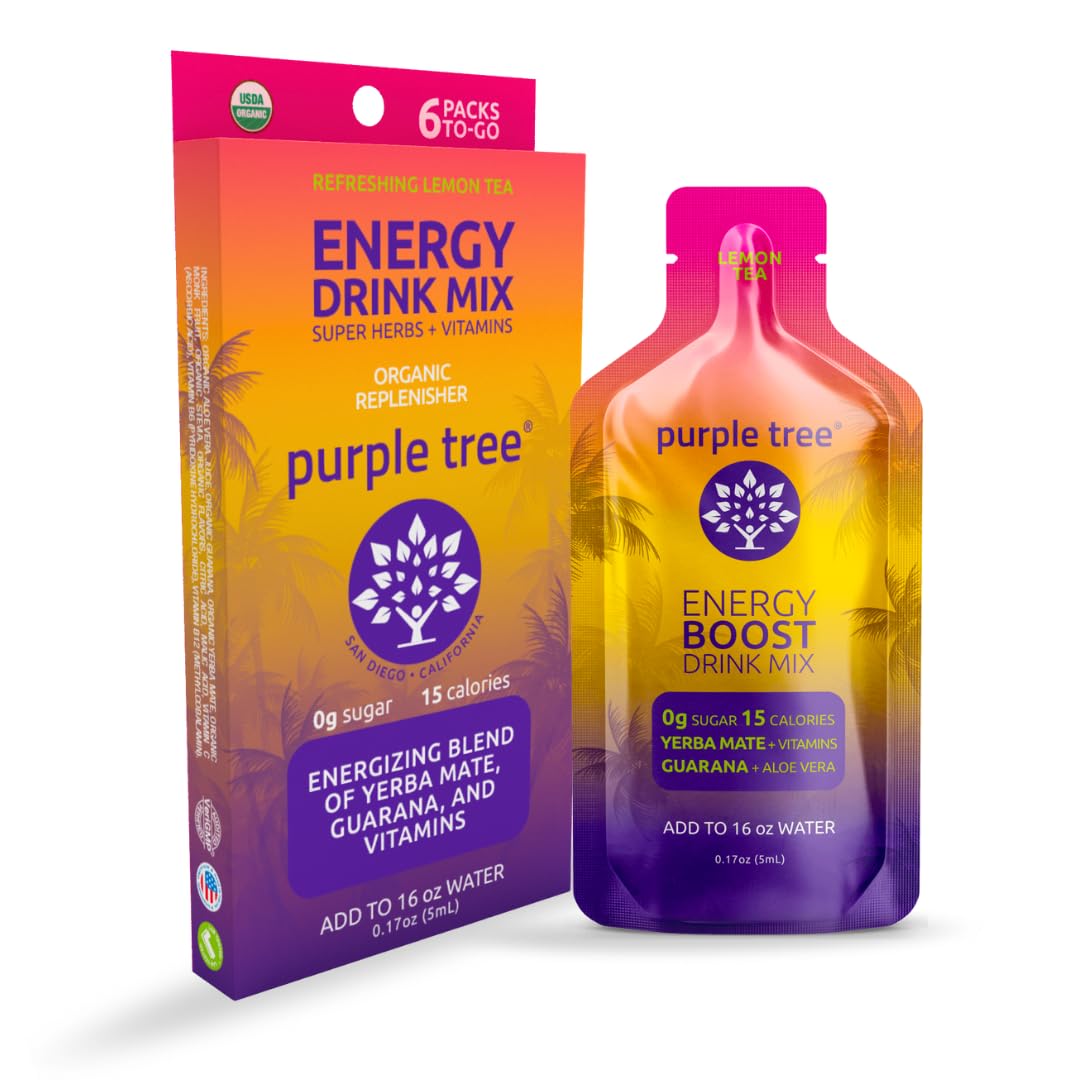 purple tree Organic Energy Stick Packets – Zero Sugar, 80mg Natural Caffeine from Yerba Mate & Guarana, with B12 Vitamins for Smooth, Crash-Free Energy – Lemon Iced Tea Flavor, 6 to-Go Packs 1 Fl Oz (Pack of 6)