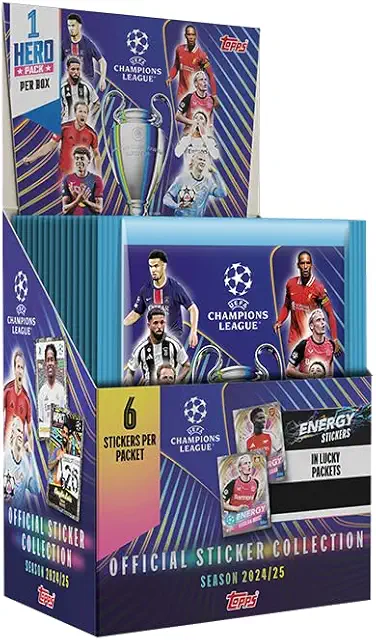 Topps UEFA Champions League Sticker Box 24/25 - 50 Packs, 300 Stickers with Hero Pack - Figurine Champions League 2024/25