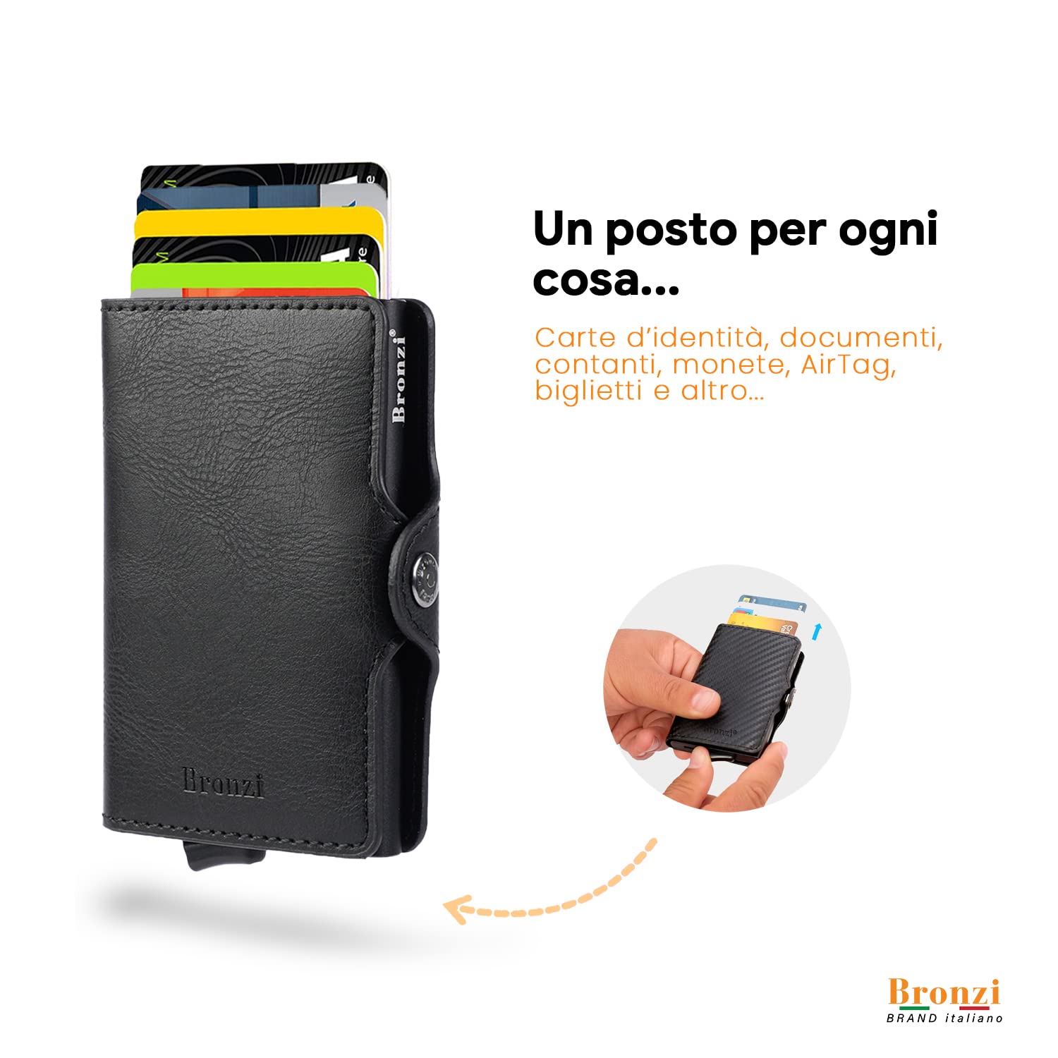 Bronzi® Portafoglio Uomo Slim Piccolo | Portacarte Uomo Donna Portatessere Porta Carte Di Credito | Portafogli Mini Protezione RFID con Portamonete | Box Regalo - Brand Italiano