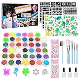 Glitzer Tattoo Set Kinder, 41 Farben Glitzertattoos Kinder Set, 159 Schablonen, 220 Strasssteine, 5 Pinsel, 3 Kleber, 3 Tattoos, Temporäre Tattoo Glitzer für Kinder, Mädchen, Erwachsene, Feste, Party