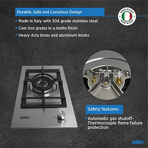 Summit GCJ1SS, 12-Inch-Wide Single Burner Gas Cooktop, Stainless Steel with Sealed Burners, Cast Iron Grates, Wok Ring, NG/LPG Conversion Kit, Flame Failure Protection, Easy to Clean, Cord Included